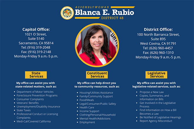 List of  state, constituent, and legislative services that Assemblywoman Rubios office can help with