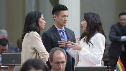 Assemblywoman Rubio talking with Assemblymembers Burke and Low