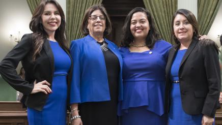 Assemblywoman Rubio standing with Assemblymembers Aguiar-Curry, Carrillo, and Rivas all wearing blue outfits